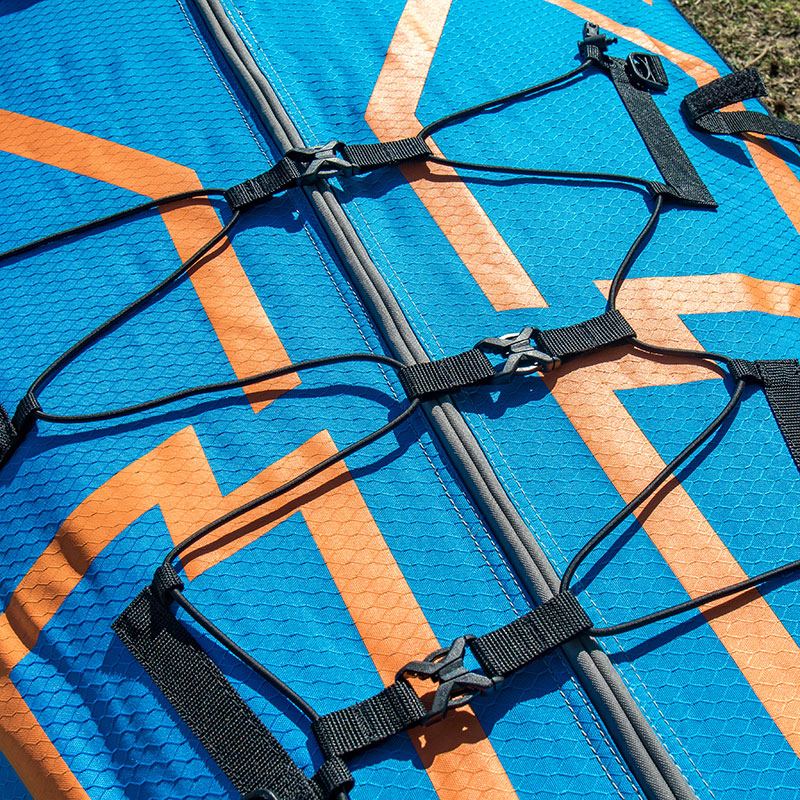 close up of the deck bungee cords on the Expedition Elite inflatable kayak