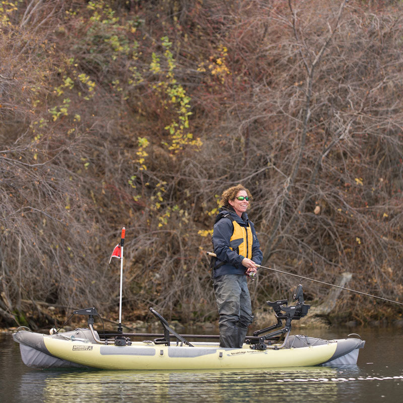 Image of lady standing up in the StraightEdge Angler Pro Inflatable Fishing Kayak 