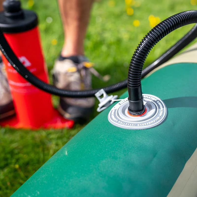 Close up image of air pump connection on the Caliber 398 infaltable fishing kayak