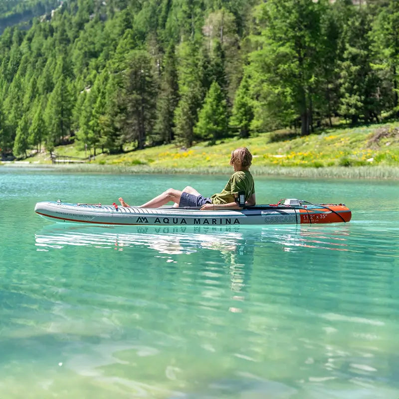 a picture of the cascade hybrid kayak sup with a motor installed