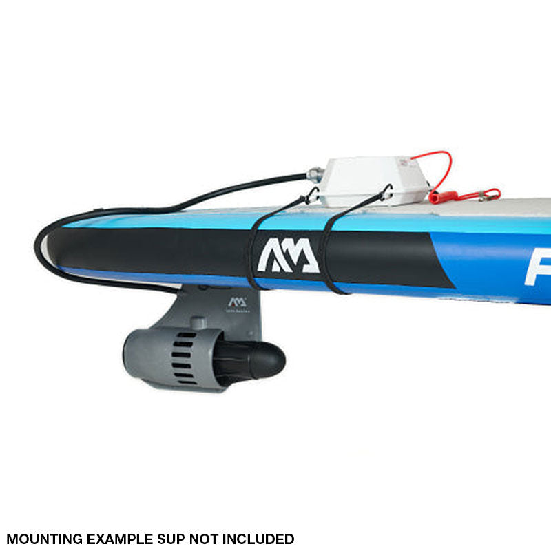 Photo of the Bluedrive S batter and motor mounted to a standup-paddleboard