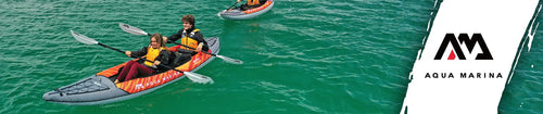 A photo of a couple paddling the Aqua Marina Memba 2 person inflatable kayak 
