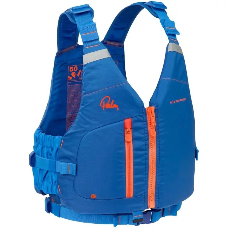 a front photo showing the palm meander pfd in cobalt colour